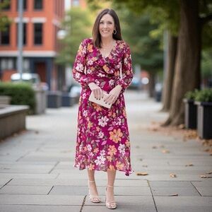 Maggy London Floral Ruffle Wrap Midi Dress NWT Size 6 Wine/Gold – Nordstrom